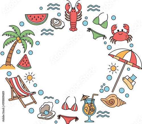 Summer beach circular composition with lobster crab watermelon cocktail deck chair umbrella and tropical sea doodle vector illustration.