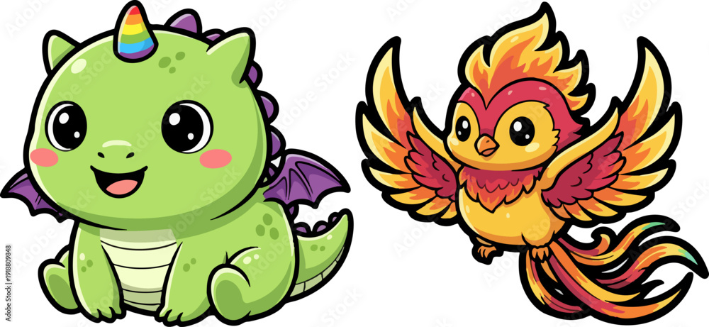 Fototapeta premium Adorable Cartoon Dragon and Phoenix Fantasy Characters