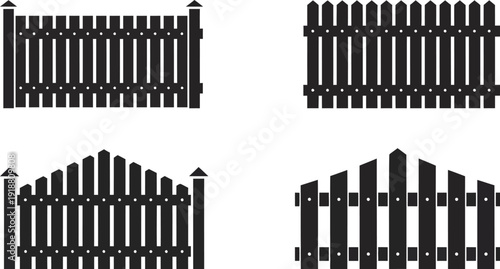 Four black silhouette fence designs on a white background
