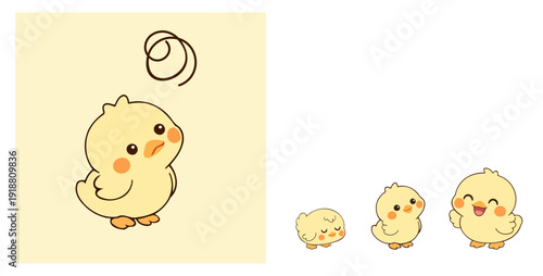 Cute baby chick illustration set with playful yellow cartoon character.