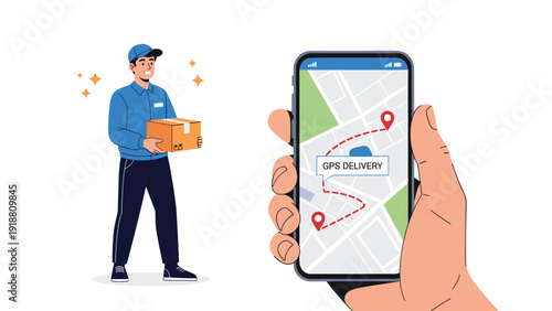Courier holding a cardboard package next to a large smartphone showing a GPS map for fast delivery tracking service.