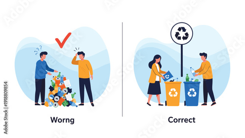 Educational diagram showing the wrong way versus the correct way to sort and recycle waste into designated bins.