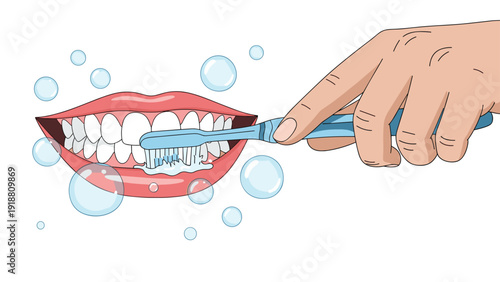 Detailed illustration of a hand using a blue toothbrush to clean white teeth with foam and bubbles for dental hygiene.
