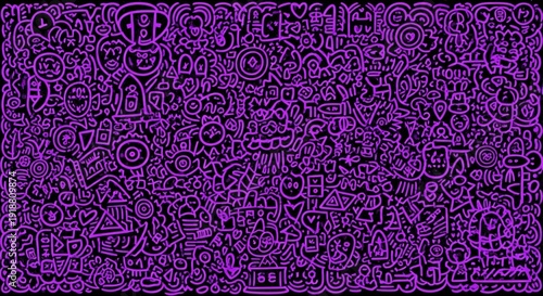 A vibrant purple doodle background with various cartoon characters and symbols