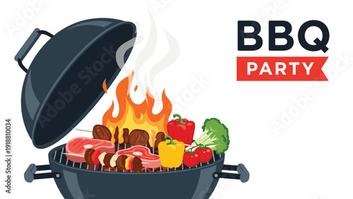 Outdoor barbecue party grill filled with delicious meat steaks sausages and fresh vegetables over a hot burning fire.