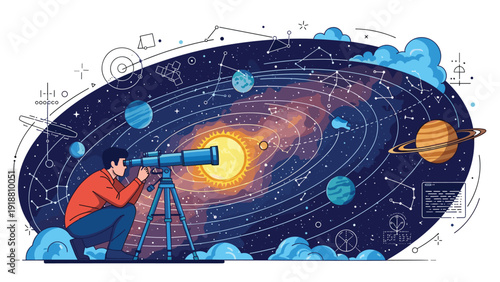 Man looking through a telescope at the beautiful solar system planets stars and galaxies in the deep blue space.