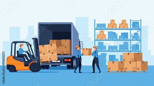 Industrial warehouse scene with workers loading cardboard boxes into a large truck using a yellow forklift machine.