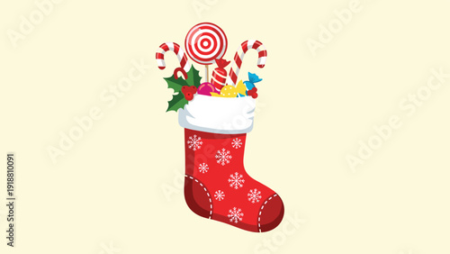 Red Christmas stocking decorated with snowflakes and filled with various candies candy canes and gingerbread cookies.