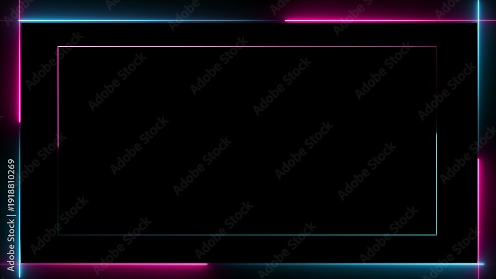 Fototapeta premium A vibrant neon-lit rectangle with pink and blue lines on a black background