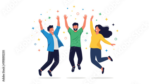 Three diverse friends jumping high in the air with arms raised in a gesture of celebration and pure happiness.