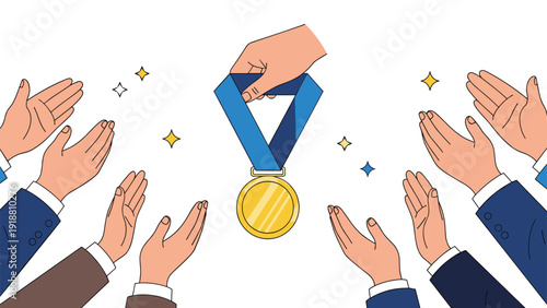 Golden medal held by a hand while multiple hands in business suits applaud around it with celebratory stars in the air.