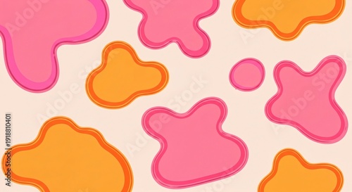 A colorful abstract illustration featuring various pink and orange shapes on a beige background