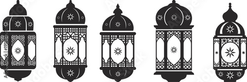 Islamic lantern collection vector, decorative Ramadan Arabic lamps set, traditional hanging lantern silhouettes, ornate Muslim festival illumination design illustration