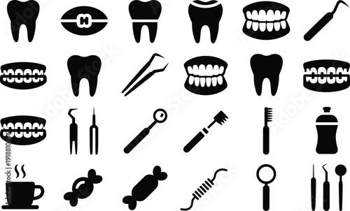 Dental Care Icons Set: Teeth Braces Tools Candy Cup