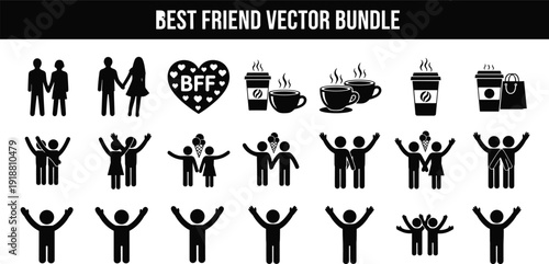 Best Friend Vector Bundle Featuring Black Silhouette Icons of Friends Holding Hands Drinking Coffee and Celebrating for Friendship Day Design
