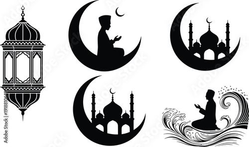 Islamic Ramadan silhouette vector set, crescent moon mosque lantern and praying Muslim figures, decorative Arabic religious illustration collection