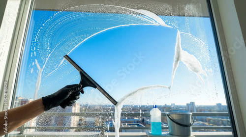 A hand in a black glove uses a squeegee to clean a soapy window with a clear blue sky in the background