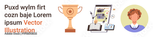 Online education, digital achievements, e-learning, academic success, personal growth, and motivation. Trophy with star, digital tools and portrait. Online education and digital achievements concept