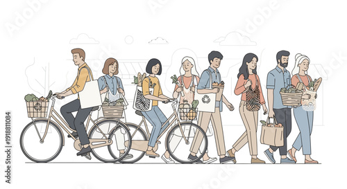 Diverse group of happy people commuting home from the market using bicycles and walking while carrying reusable grocery bags and baskets