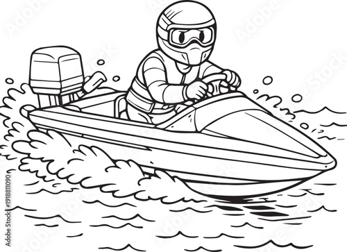 Coloring Page for Kids Jet Ski Rider Water Sports Line Art