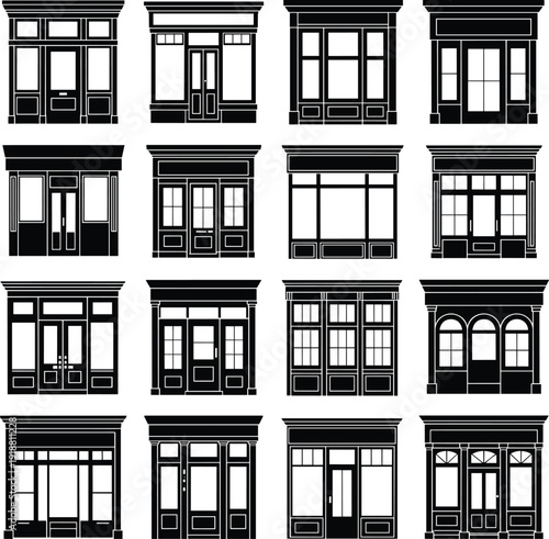 Vintage storefront facade vector collection, classic shop front windows and doors set, retro retail building exterior silhouettes isolated