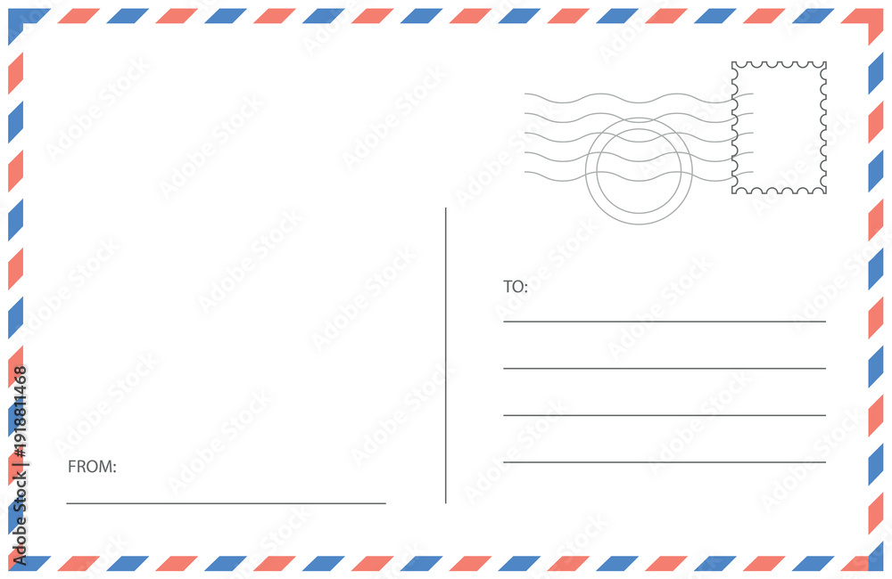 Obraz premium Minimal postal card back design in airmail style featuring striped frame, to and address fields, and vertical divider line. Editable vector mockup for invitations, greetings, and direct mail stationer