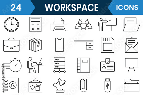 Workspace icon. Co-working space line icon set. Outline icon of work from home, freelancer, hybrid work, digital nomad, remote work, teamwork. Vector illustration.
