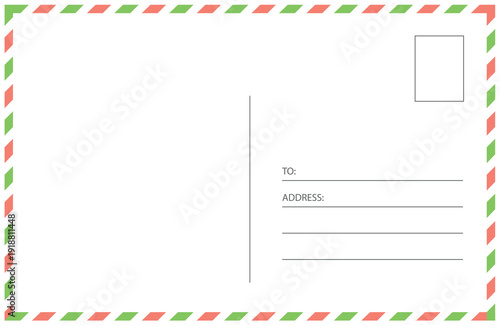 Vector airmail postcard back template with classic red and green diagonal border, stamp placeholder, and address lines. Blank mailing card layout isolated on white for travel, correspondence