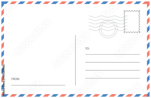 Minimal postal card back design in airmail style featuring striped frame, to and address fields, and vertical divider line. Editable vector mockup for invitations, greetings, and direct mail stationer