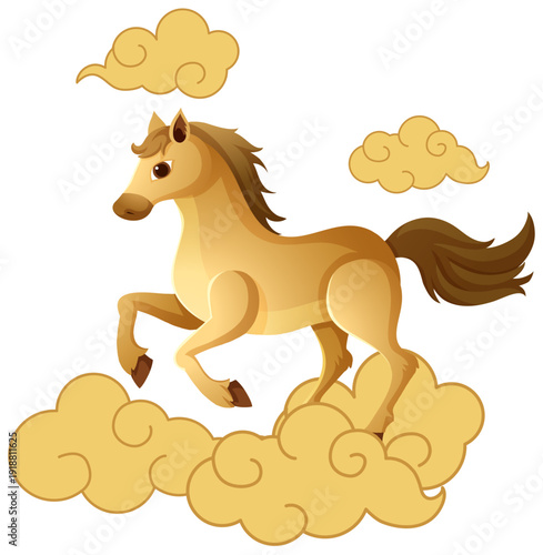 Golden Horse Chinese Zodiac Vector Illustration Running Through Stylized Clouds