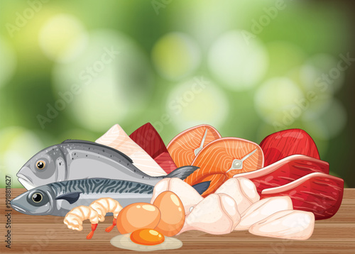 Assorted Protein-Rich Foods on Wooden Table with Nature Background