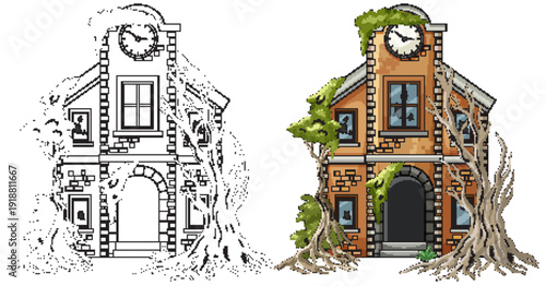 Abandoned Brick Schoolhouse Overtaken by Tree Roots