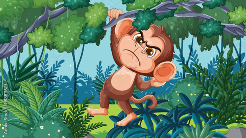 Angry Cartoon Monkey Hanging From Jungle Tree Branch