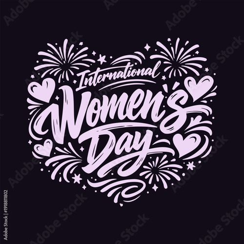 International women's day greeting lettering in heart shape with fireworks