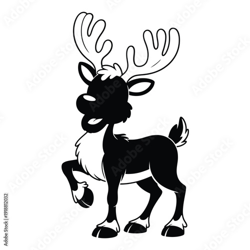 A charming black and white illustration of a reindeer with large antlers