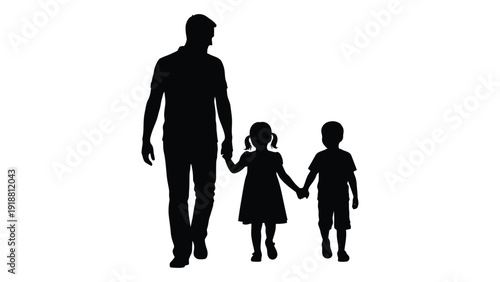 Silhouette of a man holding hands with two children walking together isolated on white background, Vector