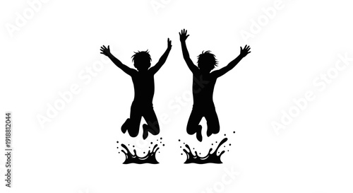 Two silhouetted children jumping in the air with joy.