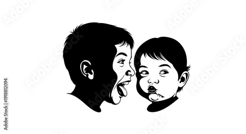 Black and white illustration of a man and child facing each other with open mouths.