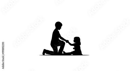 Silhouette of a man kneeling and holding hands with a child.
