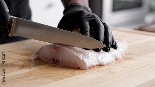 Close up of a chef in black gloves precisely slicing a fresh raw fish fillet on a wooden cutting board for gourmet cooking concept and food preparation