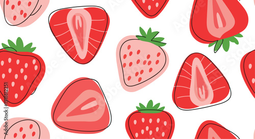Illustration of various sliced and whole strawberries in different shades of red on a white background.
