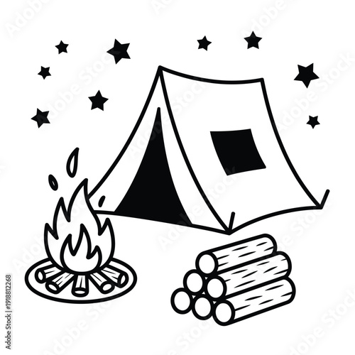 A simple black and white illustration of a camping scene with a tent and fire