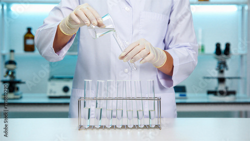 Scientist in Lab Coat Pouring Liquid into Test Tubes with Glass Rod in Laboratory