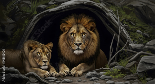 A majestic male lion and a female lioness resting together at the entrance of a dark rocky cave surrounded by sparse vegetation