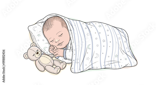 Sleeping newborn baby wrapped in blanket with teddy bear