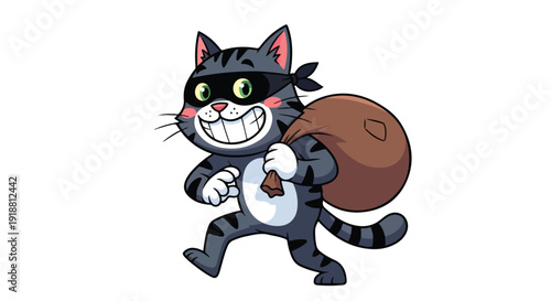 Cartoon illustration of a black cat wearing a black mask and carrying a sack while running on a white background with a playful mood.