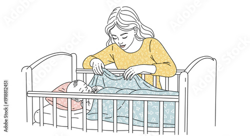 Mother gently checking baby in crib at home