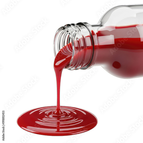 Red liquid pouring from a glass bottle, professional cut-out