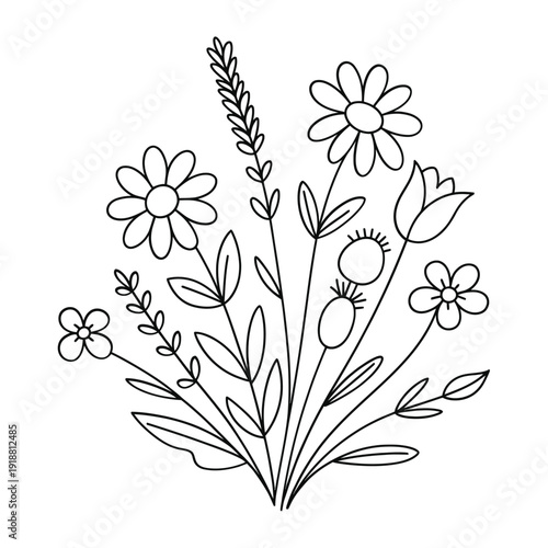 A simple black and white illustration of a wildflower bouquet arrangement