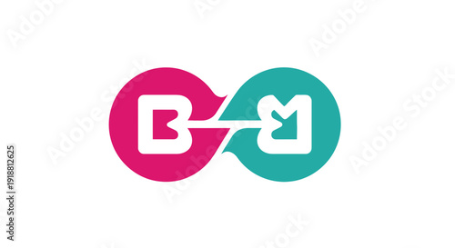 bm logo, pink and green circles with white letters